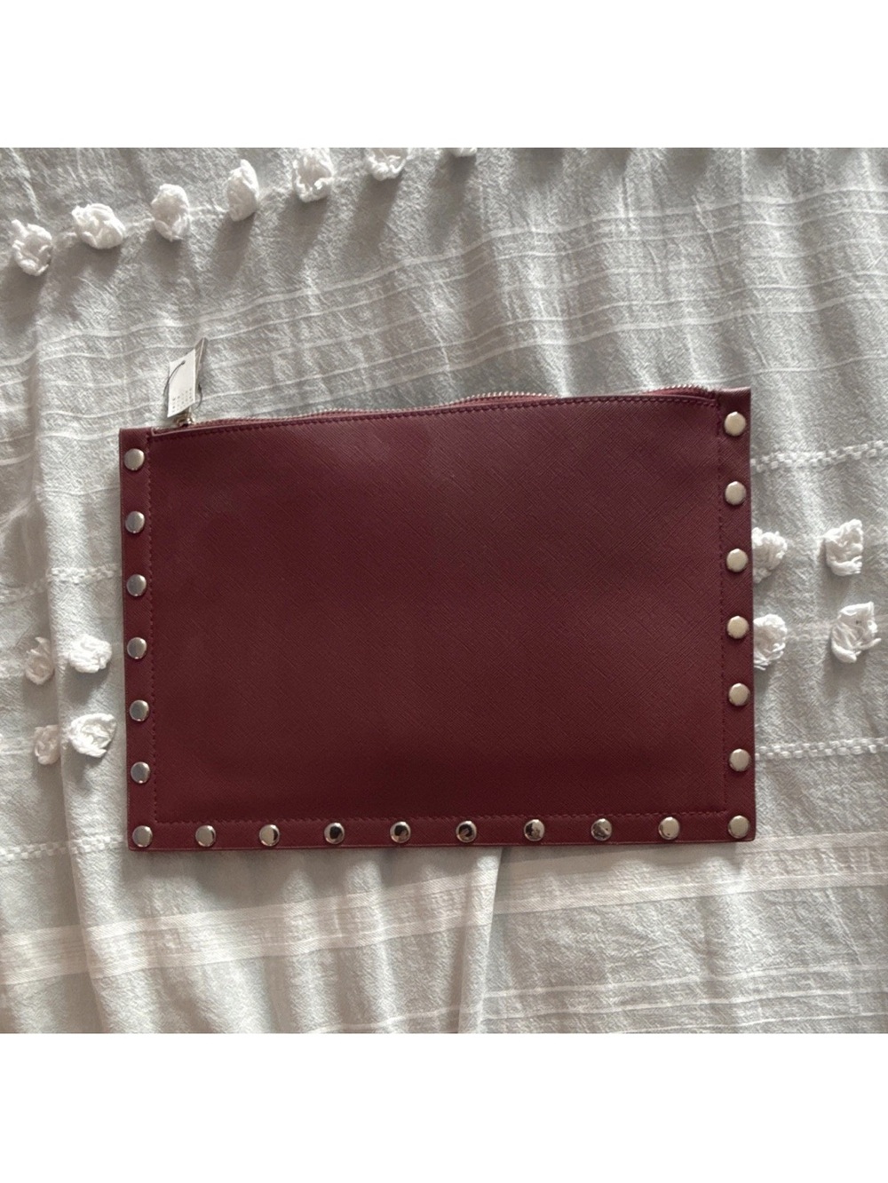 White House Black Market Burgundy Floral Studded Zip Pouch Clutch w/ Strap - Picture 4 of 4